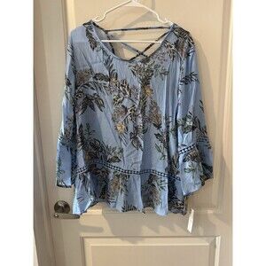 Zac & Rachel Top Womens Large Blue Floral Blouse  Ruffle Sleeve L